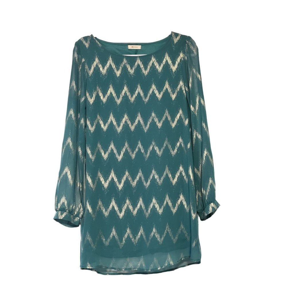 Everly Woman's Tunic Top Dress Long Sleeve Chic Boho Chevron Shimmer‎ Sz M